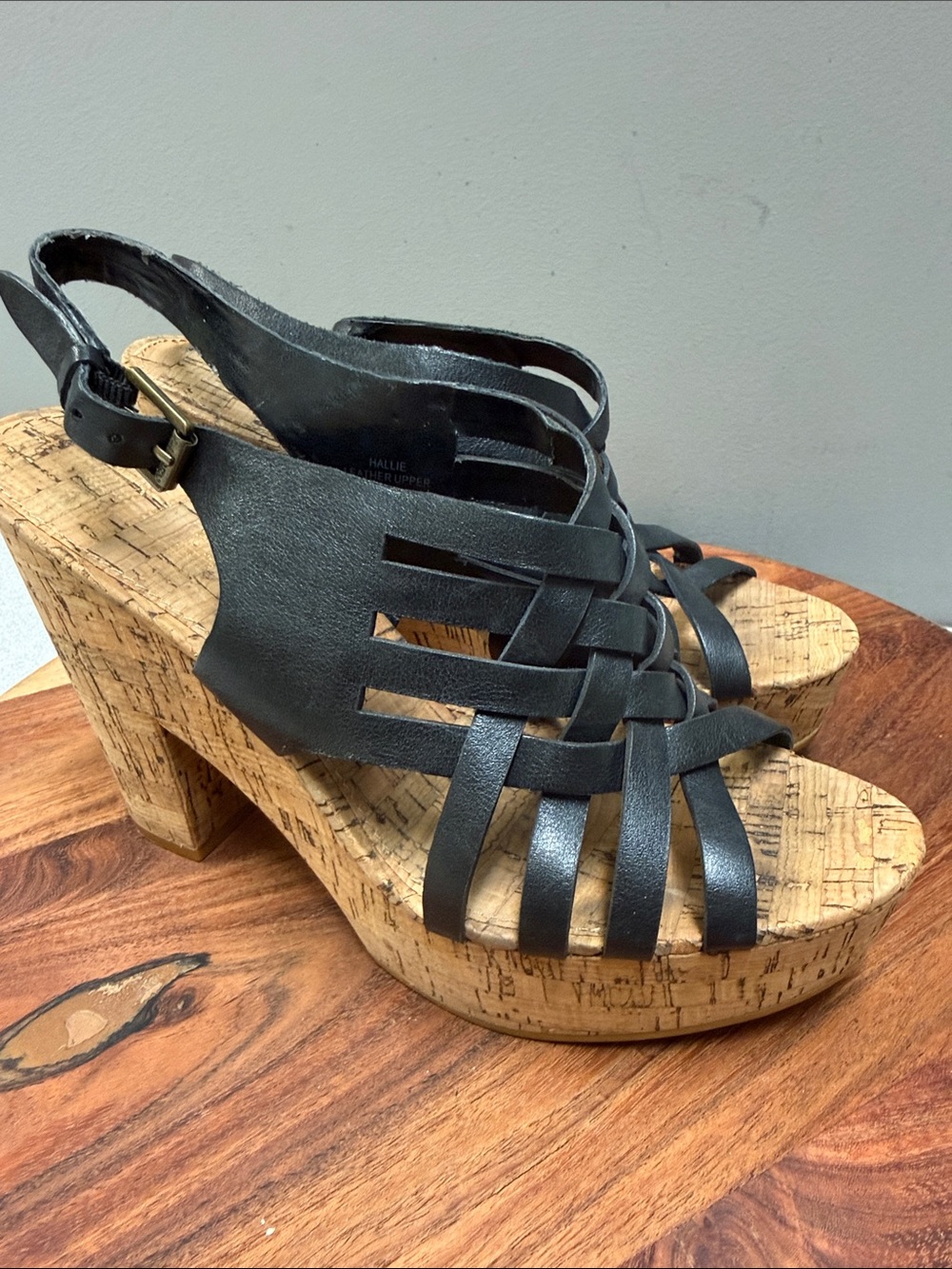Lauren Ralph Lauren "Hallie" Black Leather Cork Wedge Sandals – Size 8B